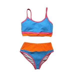 NEW Pink Lily Bikini Set Pink Orange and Blue Color Block High Rise‎ Large